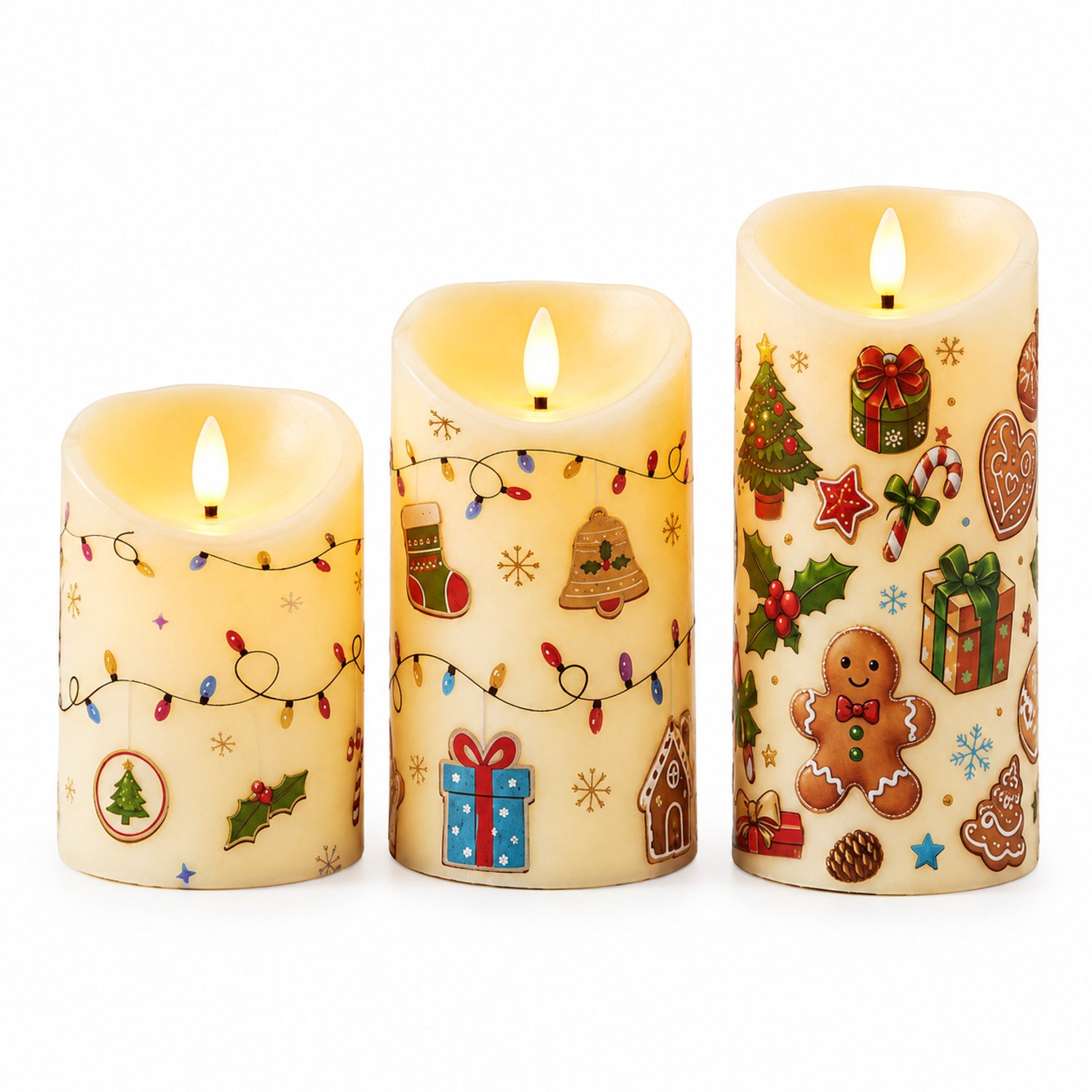 SWGOTA led kaarsen, set van 3 met bewegende vlam, schuine bovenrand en kerstmotieven, op afstand bedienbaar, warm licht, zonder batterijen Bruin