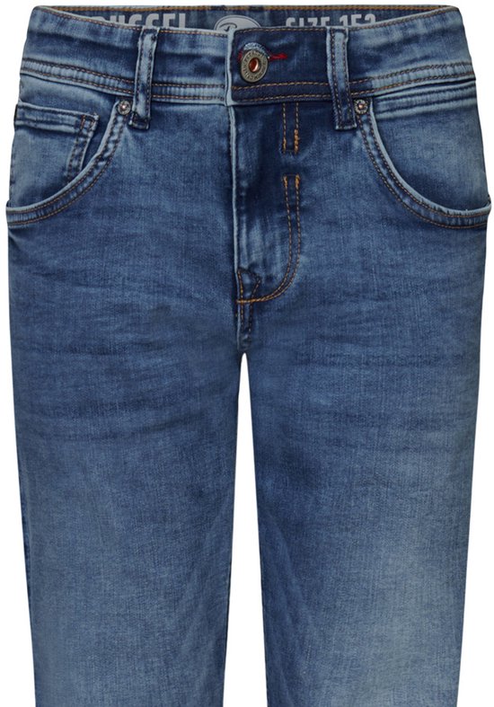 Blauwe Petrol Industries spijkerbroek met regular tapered fit, vijf zakken en oranje stiksels.