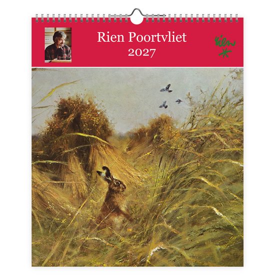 Rien Poortvliet kalender 2027 met een schilderij van een haas in hoog gras en vogels tegen een rode achtergrond.