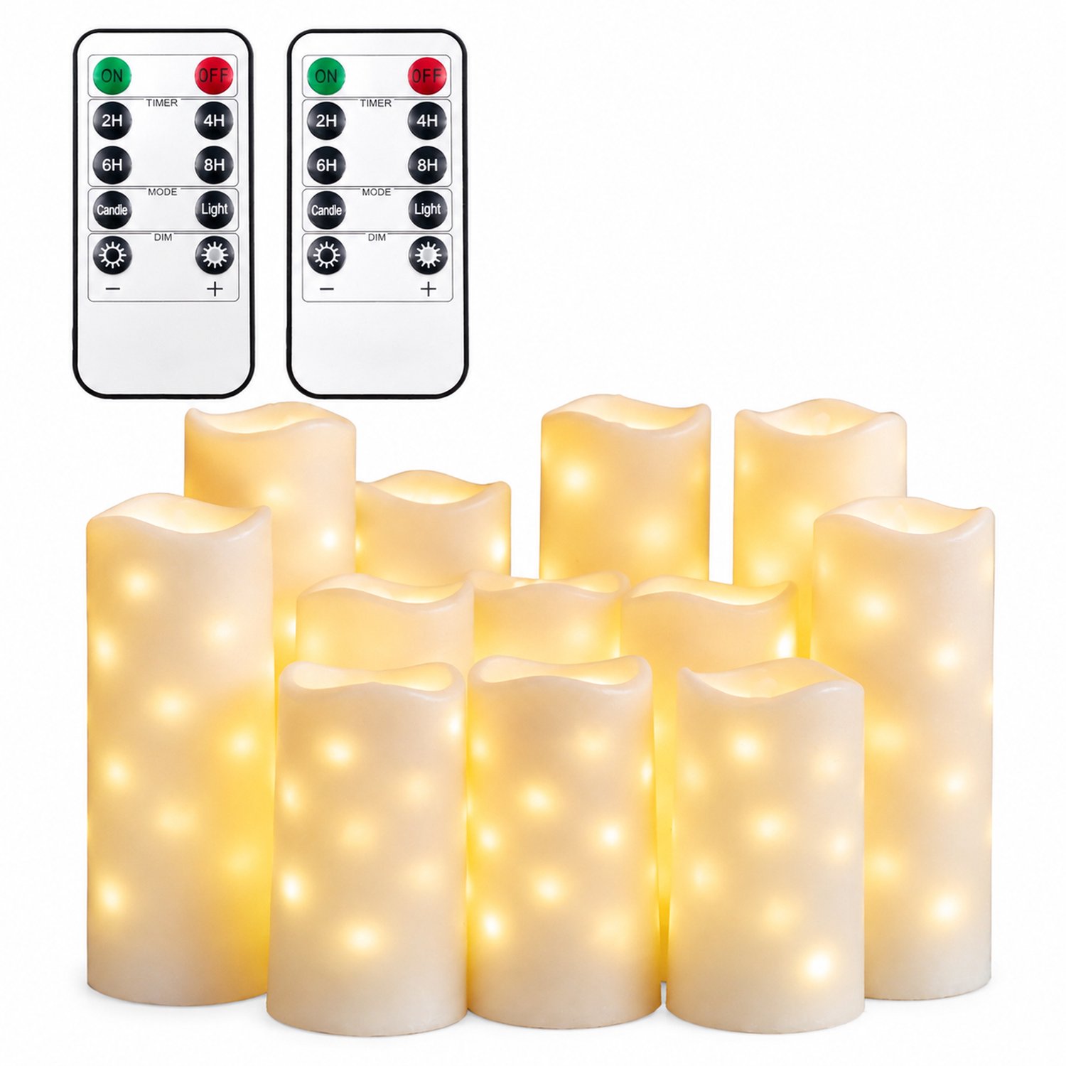 led kaarsen, 12 stuks per doos, beige met interne lichtslinger en golvende bovenrand, voor sfeerdecoratie, inclusief kleine afstandsbediening en knoopcel