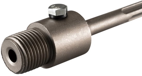 Close-up van een metalen SDS-Plus adapter met zeskantbout en schroefdraad.