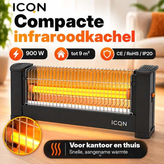 Compacte zwarte ICQN infraroodkachel van 900W met oranje buisverwarming en beschermend rooster.