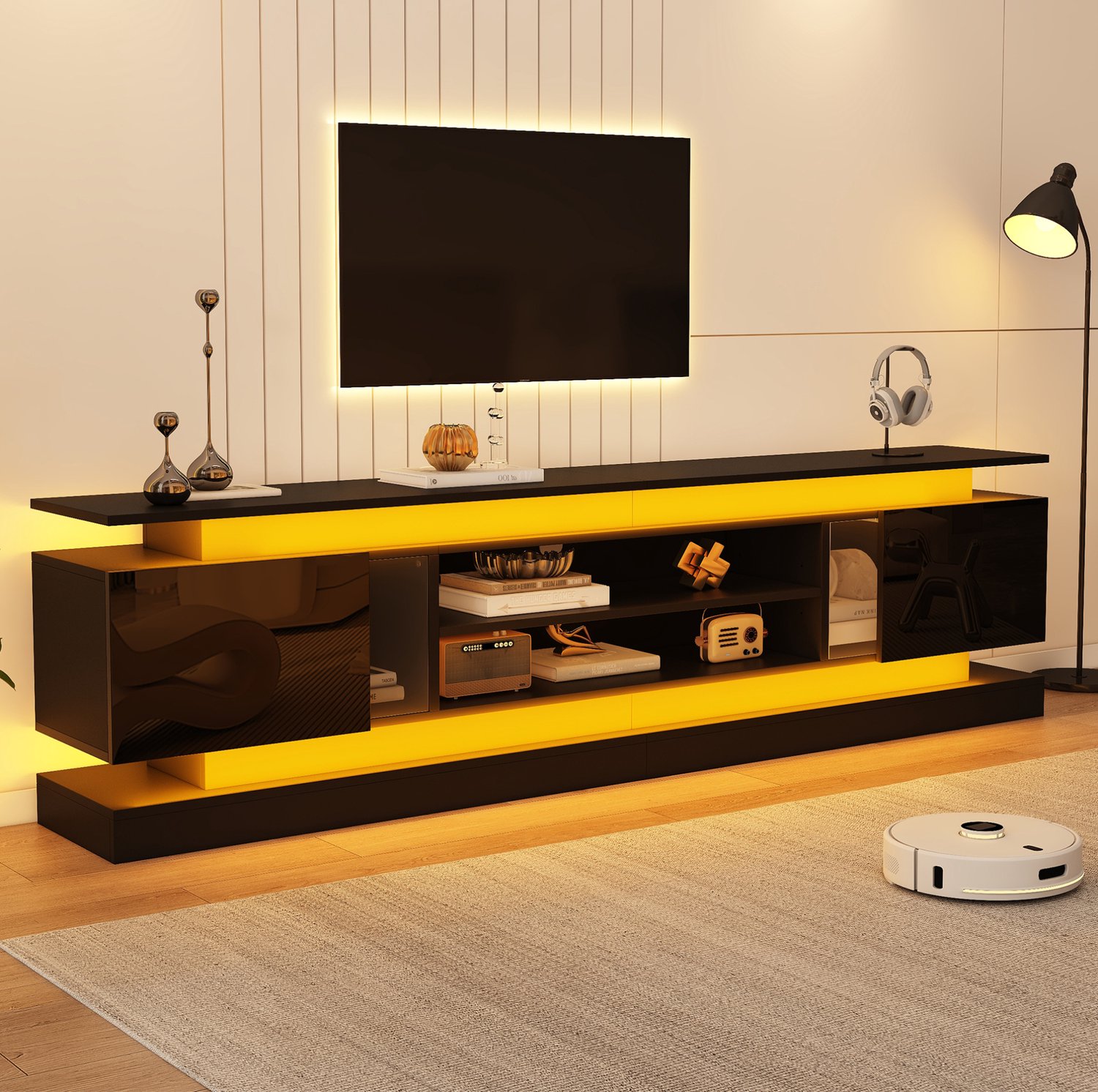 FloraGrace Tv Meubel - Zwart Hoogglans Met Bluetooth Ledverlichting - Voor Tv Tot 75 Inch - Mdf, Spaanplaat En Acrylglas - 180x35x60 Cm