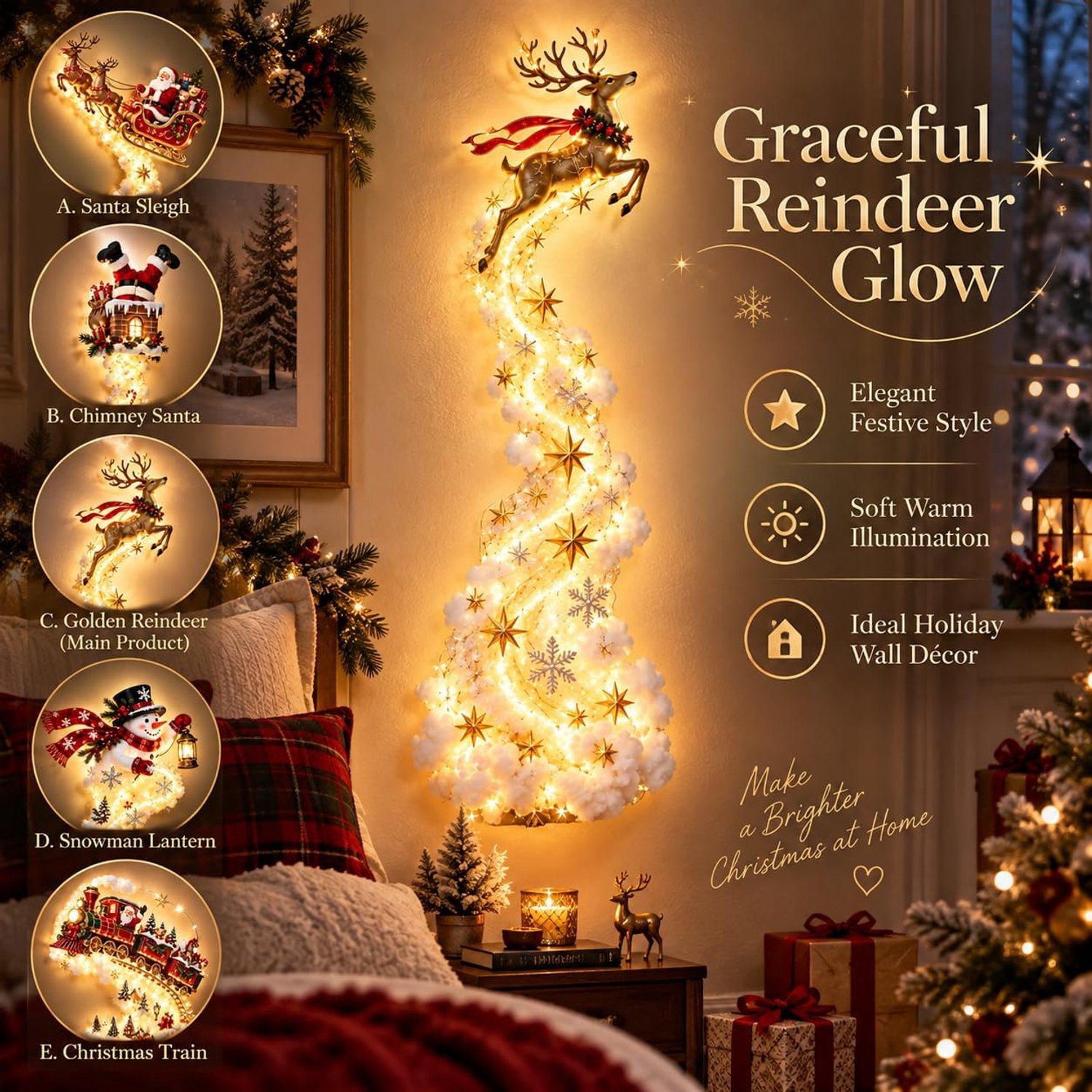 Kerstverlichting Rendier - Knutselpakket DIY Wandhanger - Sfeerlamp Warmwit voor Binnen - Compleet Craft Kit - Handgemaakt Cadeau - Kerstmis December Versiering - Sneeuwman, Kerstman, Reneren Lampen - Binnendeuren Wand Decoratie Lampen - 60cm – foto 4