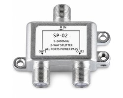 2-voudige satellietverdeler, 1 naar 2 tv-signaalsplitter 5-2400 MHz, F-aansluiting verdeler met Power Pass, metalen behuizing voor SATV/CATV, ontvanger en antenneinstallatie