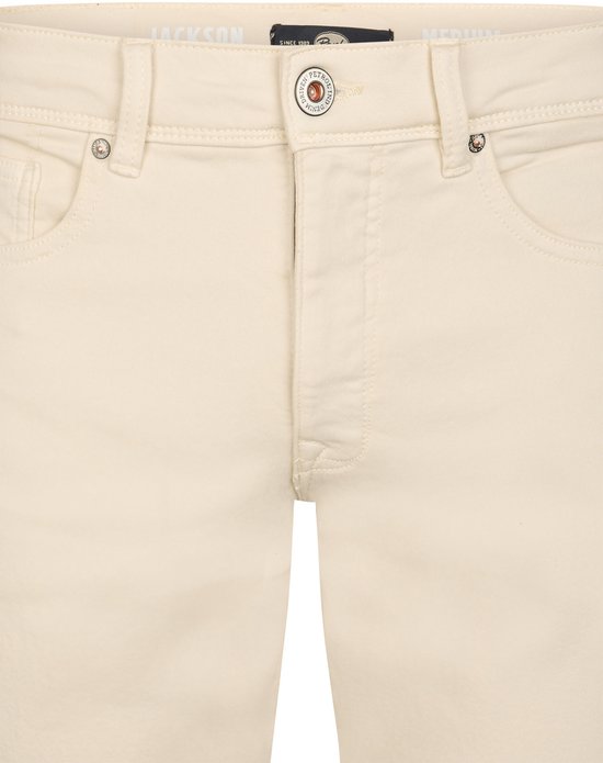 Crèmekleurige jeans met vijf zakken, ritssluiting en zilverkleurige knopen met "Petrol Industries"-tekst.