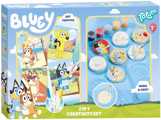 Bluey 2-in-1 knutselset met stempelen en gips gieten. Met verf, penseel, sjablonen en gipsfiguren.