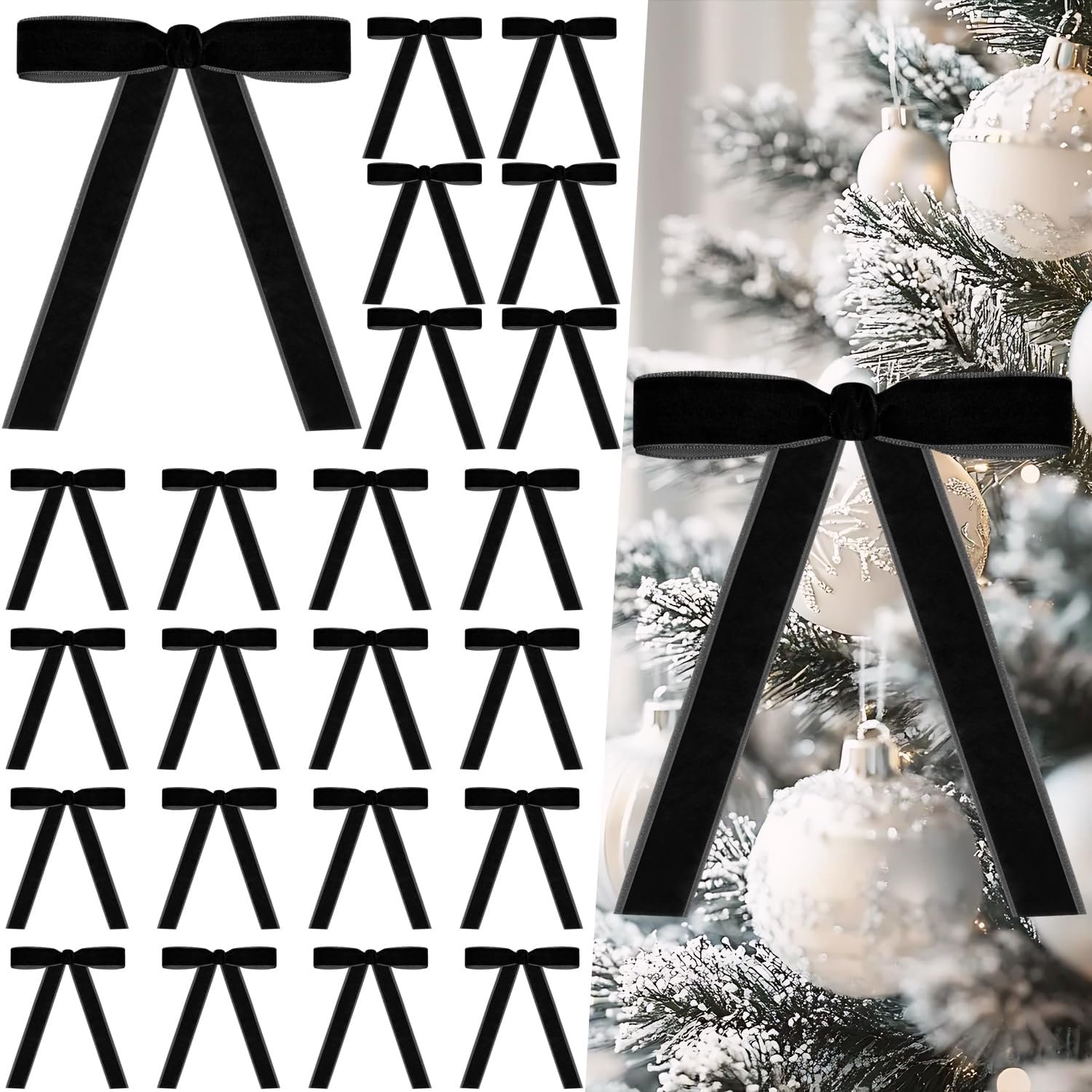 24 stuks fluwelen bogen voor kerstboom, 2,5 cm breed, zwart