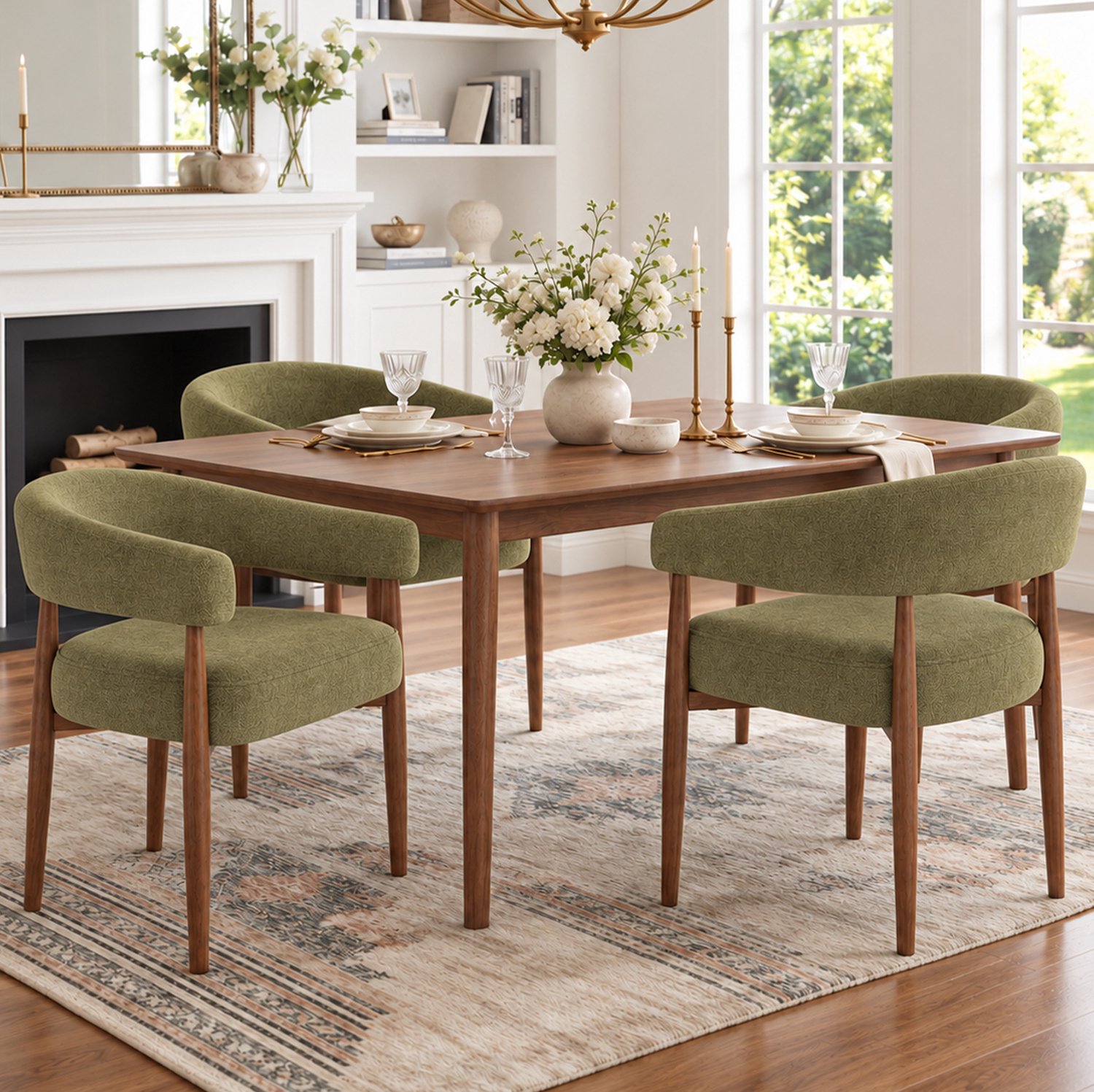 REDOM Eetkamerstoelen set van 2 - Chenille met armleuningen - Olijfgroen/walnootkleur