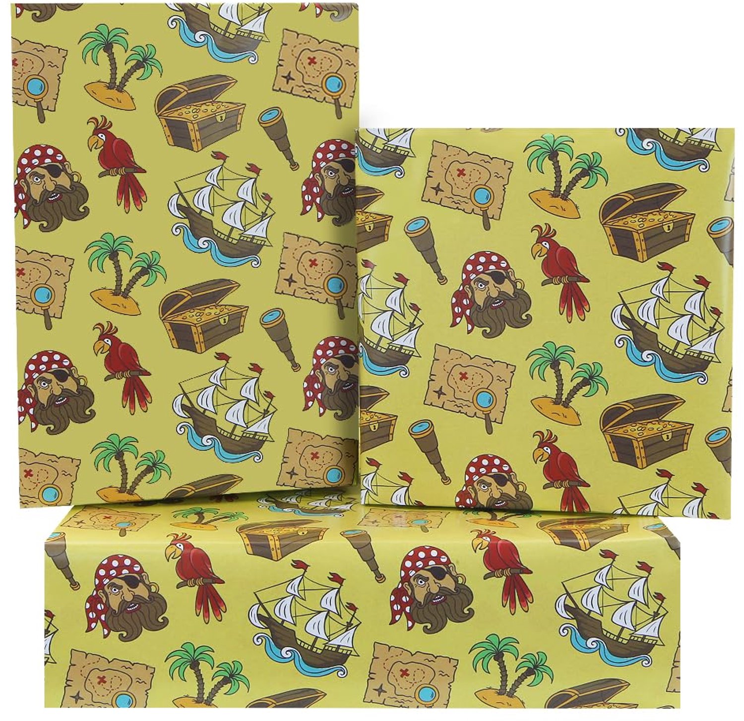 Verjaardagsinpakpapier Geel - Cadeaupapier Kinderen - Piraten Ontwerp - 4 Vellen 50x70cm - Feestdecoratie - Babyshower