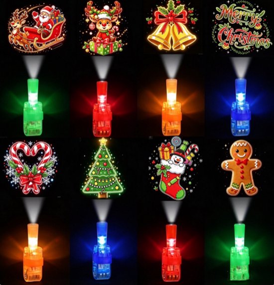 Kleurrijke LED-vingerlampjes in verschillende kleuren die kerstpatronen zoals de kerstman en rendieren projecteren.