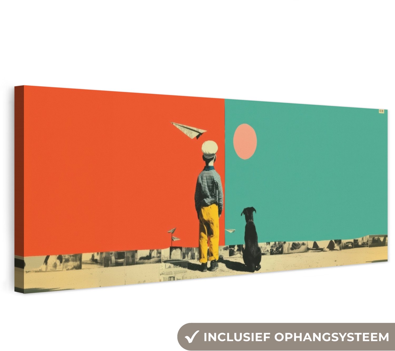 Canvas schilderij 150x50 cm - Exclusieve wanddecoratie Retro - Jongen - Hond - Rood - Groen - Muurdecoratie woonkamer - Slaapkamer decoratie - Kamer accessoires - Schilderijen op canvas