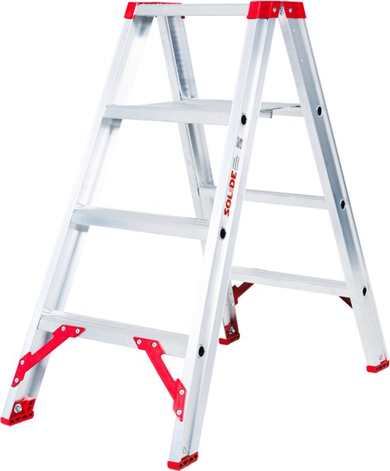 Solide ECO PRO dubbele trap met 2x4 treden, aluminium frame met rode accenten en antislipvoeten.