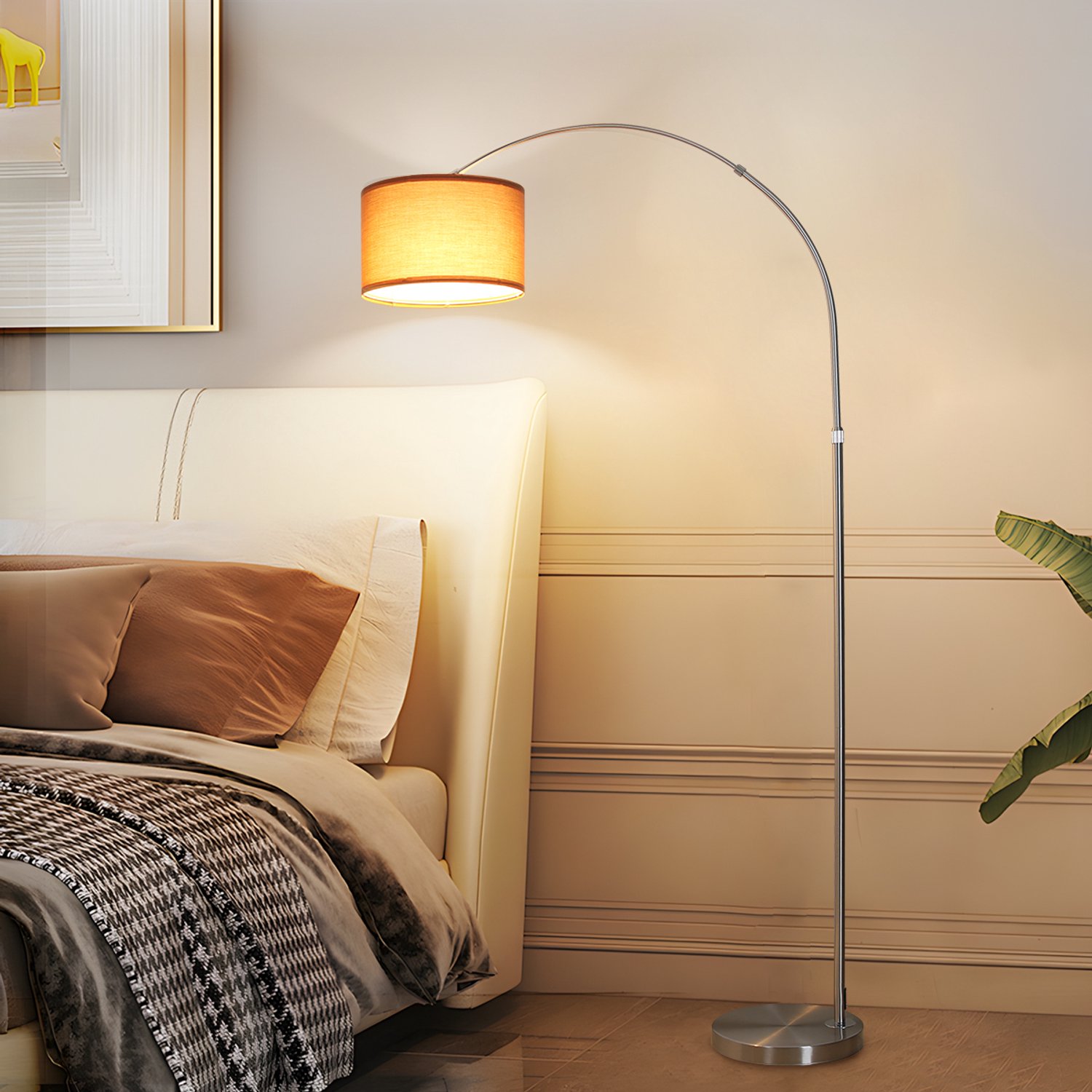 ANTENLICHT Moderne LED Vloerlamp - Hengellamp Vloerlamp - Booglamp met Stoffen Lampenkap - Leeslamp - Staande Lamp - 180cm -Inclusief E27 LED Lamp 9W(3000K Warm Wit) - Voetschakelaar - Chroom / Nikkel Metaal