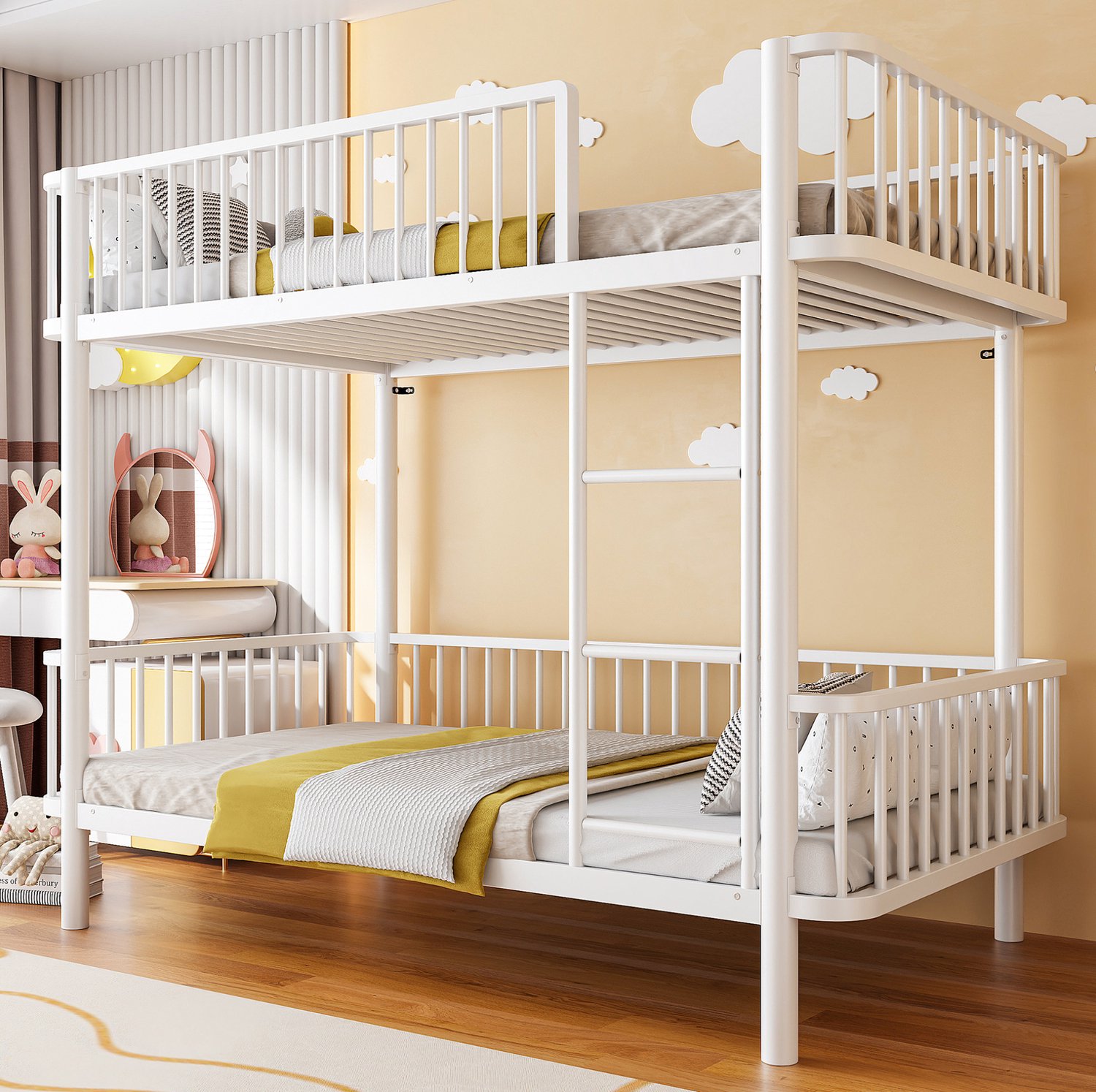 WUVRIE Metalen stapelbed 90x200 cm - Veiligheidshekken, ronde hoeken en ladder - Wit