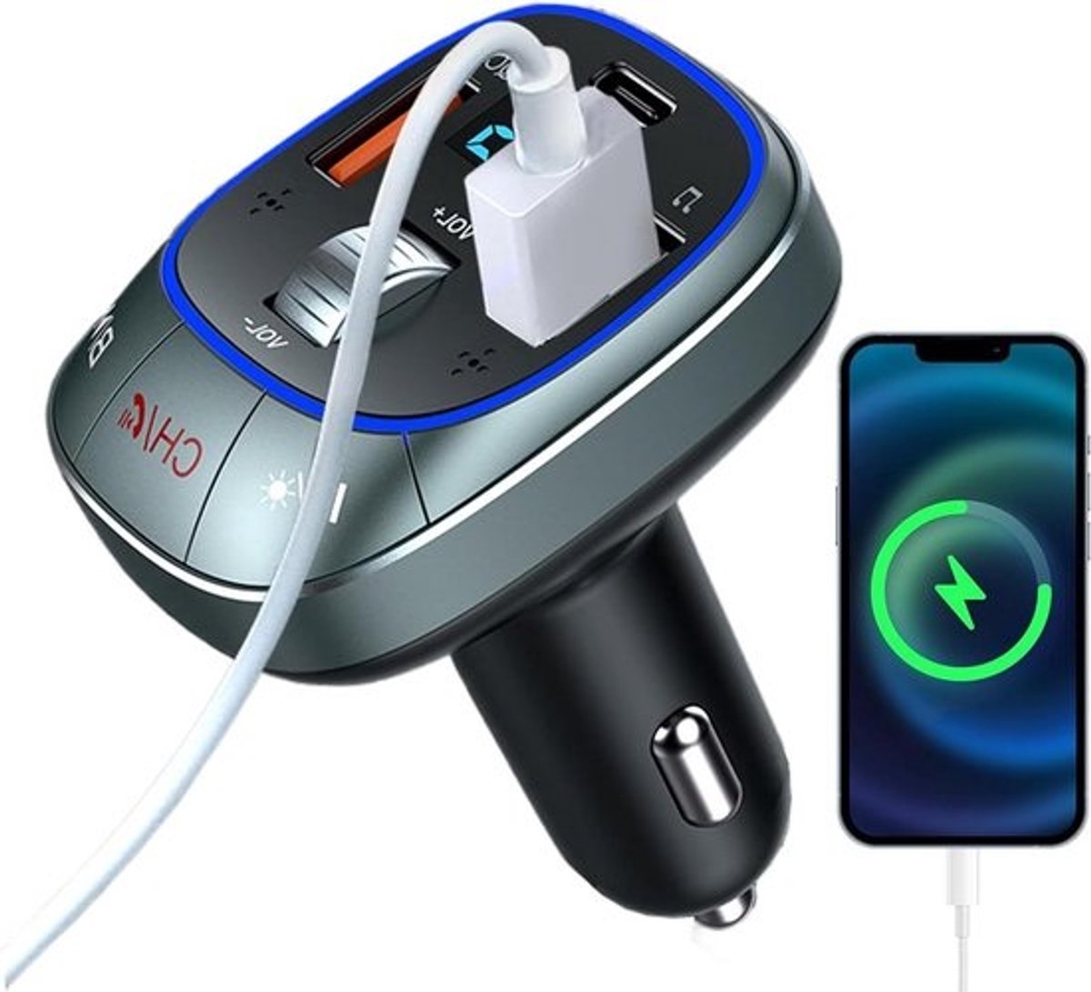 Draadloze autolader - FM-zender - Voor muziek streamen - Dubbele USB-poorten - 20 cm - Zwart