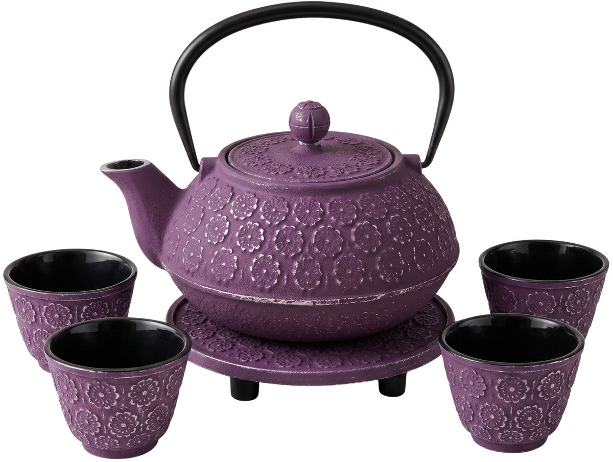 Gietijzeren theepot met zeef, kopjes en onderzetter HANU, 1 l