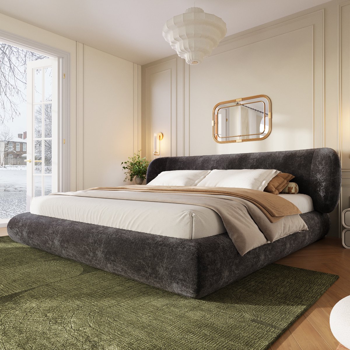 OKWISH Gestoffeerd Bed 140 x 200 cm - Tweepersoonsbed Met Hoofdbord en Lattenbodem - Afgeronde Hoeken - Zonder Matras - Chenille - Grijs