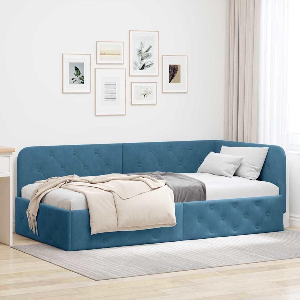 L vormig hoekbedframe Omkeerbare armleuning Modern Blauw 90 x 190