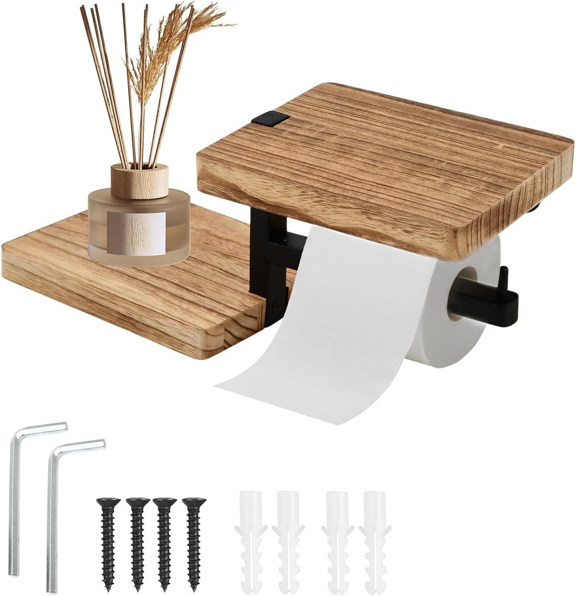 Houten Toiletpapierhouder met Plank voor Badkamer - Wandgemonteerde Toiletpapierhouder met Opbergruimte en Decoratieve Plank