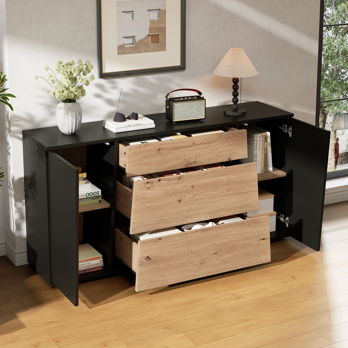 COVREO Dressoir met 3 lades – Buffetkast met 2 deuren – Opbergkast voor keuken en woonkamer – 140x35x70 cm – Zwart met houtlook
