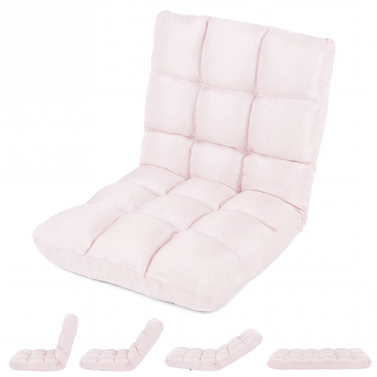 Costway Vloerstoel met Polyester Bekleding - met Verstelbare Rugleuning - 14 Verstelbare Posities - Gevoerde Relaxstoel Donkerroze