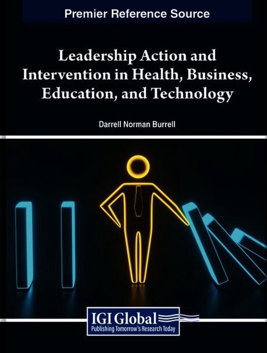 Boekomslag 'Leadership Action and Intervention' met een gele lichtgevende figuur die dominostenen omver duwt.