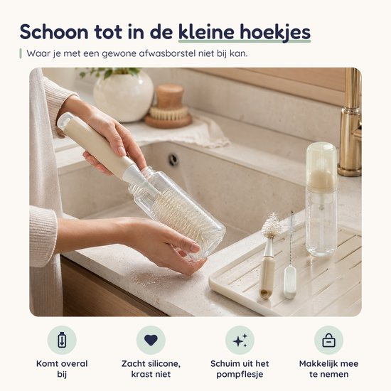 Numsy Flessenborstel Set met Schuimpomp - 4-delig - Siliconen Flessenborstel, Speenborstel en Rietjesborstel — afbeelding 2