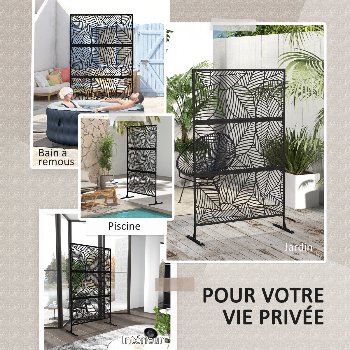 Decoratief privacyscherm voor buiten - zwart met een plantenmotief - gemaakt van metaal - 122 x 45 x 198 cm - zwart