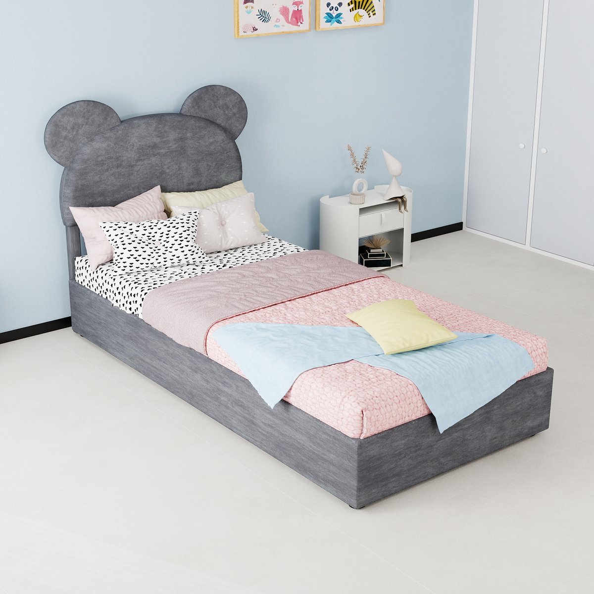AURA LUMEN-Gestoffeerd bed-Eenpersoonsbed-90 x 200 cm-Gasveer opbergbed-Kartoonvormig hoofdbord-Grijs
