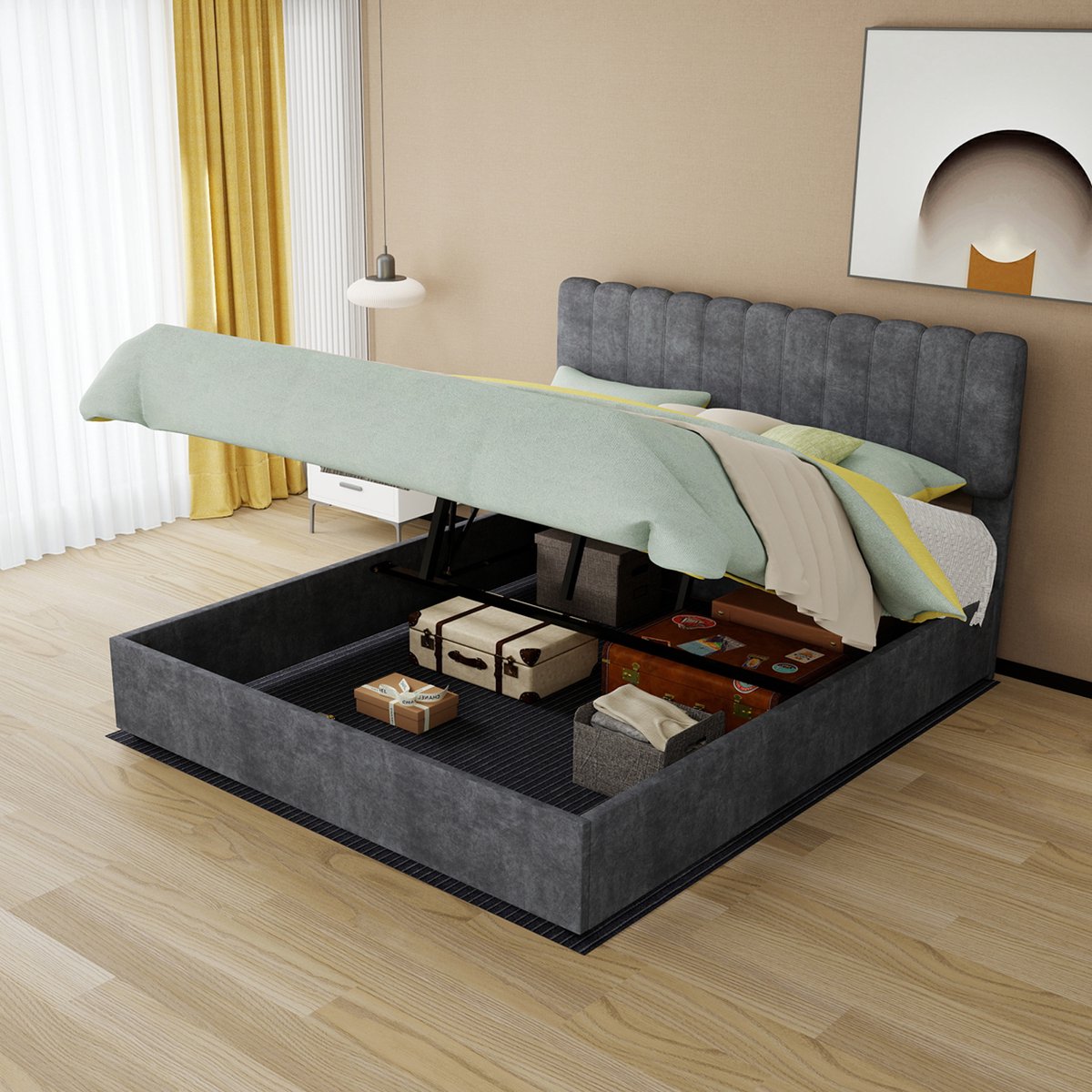 AURA LUMEN Gestoffeerd bed-Tweepersoonsbed-160 x 200 cm-Hydraulisch bed met opbergruimte-Grijs