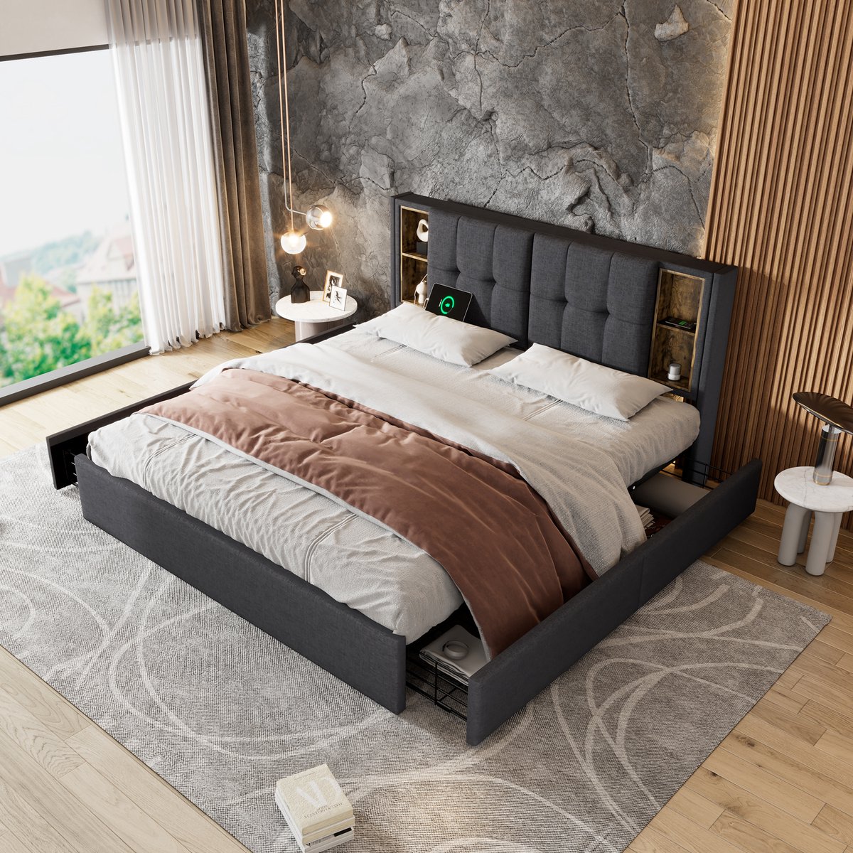 AURA LUMEN Gestoffeerd bed-Tweepersoonsbed-160x200 cm-Bed met kabelloos laden en USB-C-Bed met 4 lades-Grijs-Zonder matras