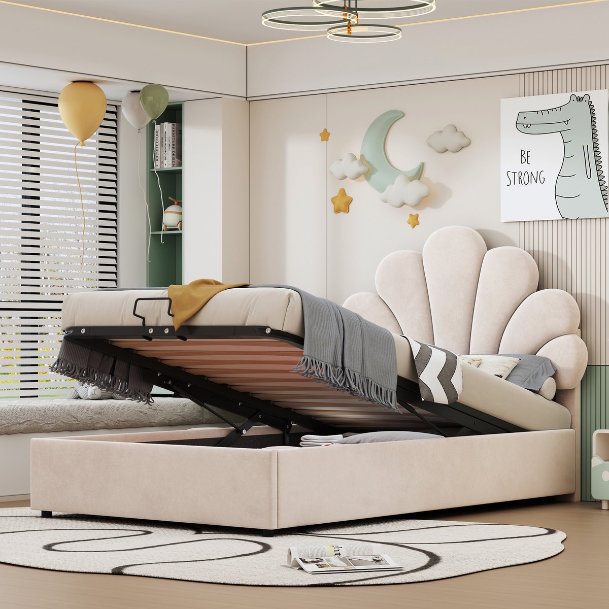 AURA LUMEN Gestoffeerd bed Eenpersoonsbed 90 x 200 cm met hydraulisch opbergbed en geblümde hoofdbord Beige