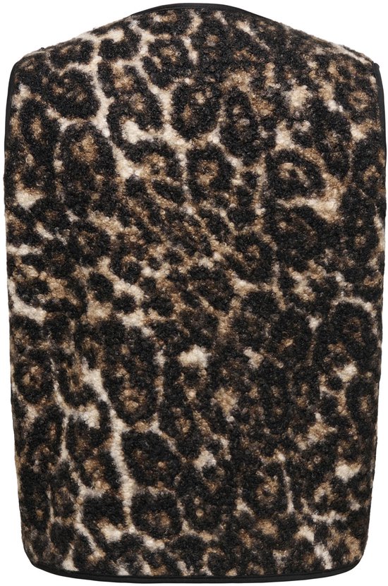 Achterkant van een beige en zwart gilet met een zachte textuur en luipaardprint.