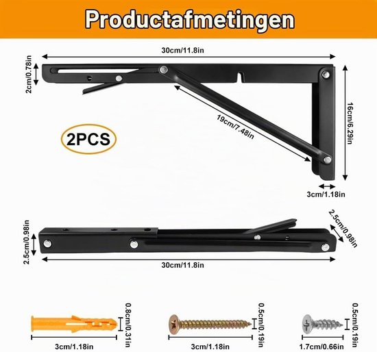 Stevige Vouwsteun 300mm van RVS voor Opklapbare Planken en Meubels, Set van 2 Stuks — afbeelding 5