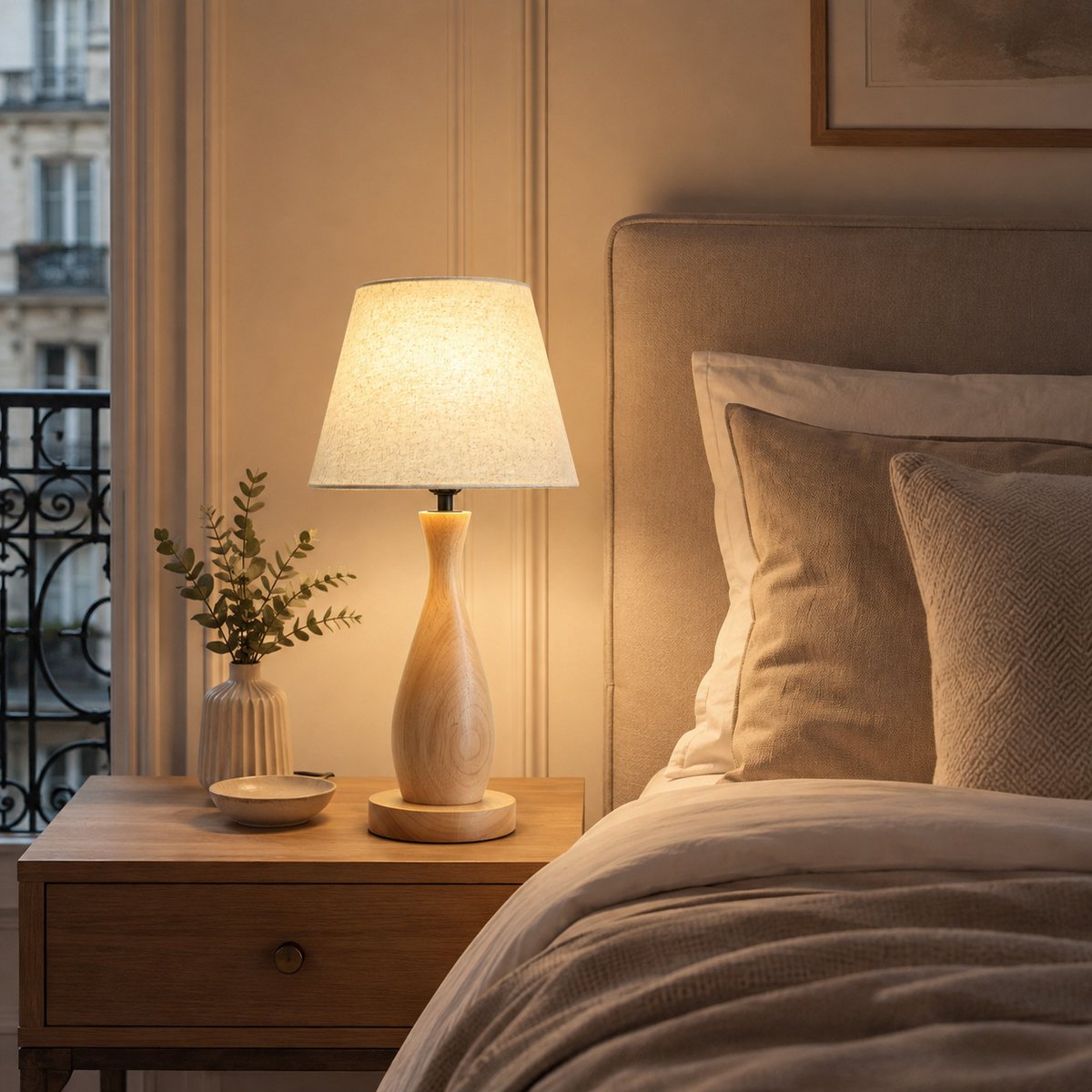 Lemlit Houten Tafellamp E27 - Moderne Tafellamp met Linnen Lampenkap, Natuurlijke Houten Voet, Beige Nachtlamp voor Woonkamer Slaapkamer