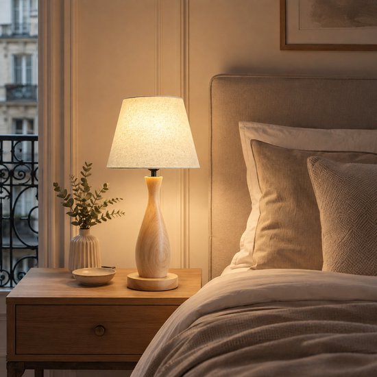 Lampe de table en bois avec abat-jour en lin sur une table de chevet en bois à côté d'un lit.