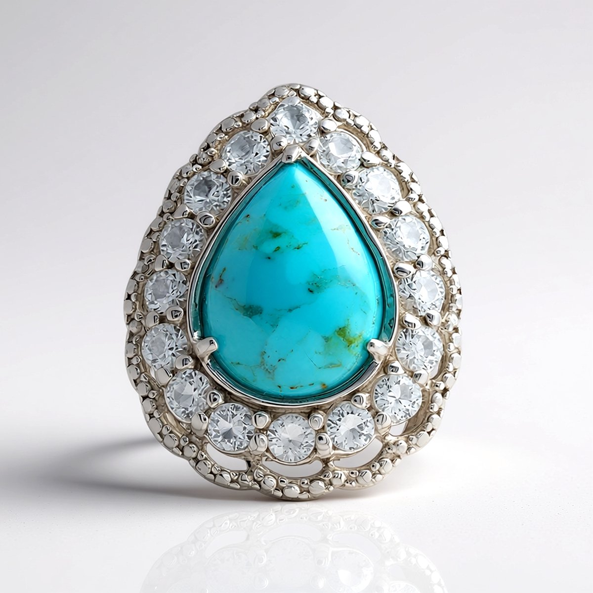 Cavill - Elegante Zilveren Ring 925 Sterling - Gerhodineerd - Blauwe Kingman Mohave Turkoois 3,105 ct - 16 Witte Topaas 1,368 ct - Filigraan