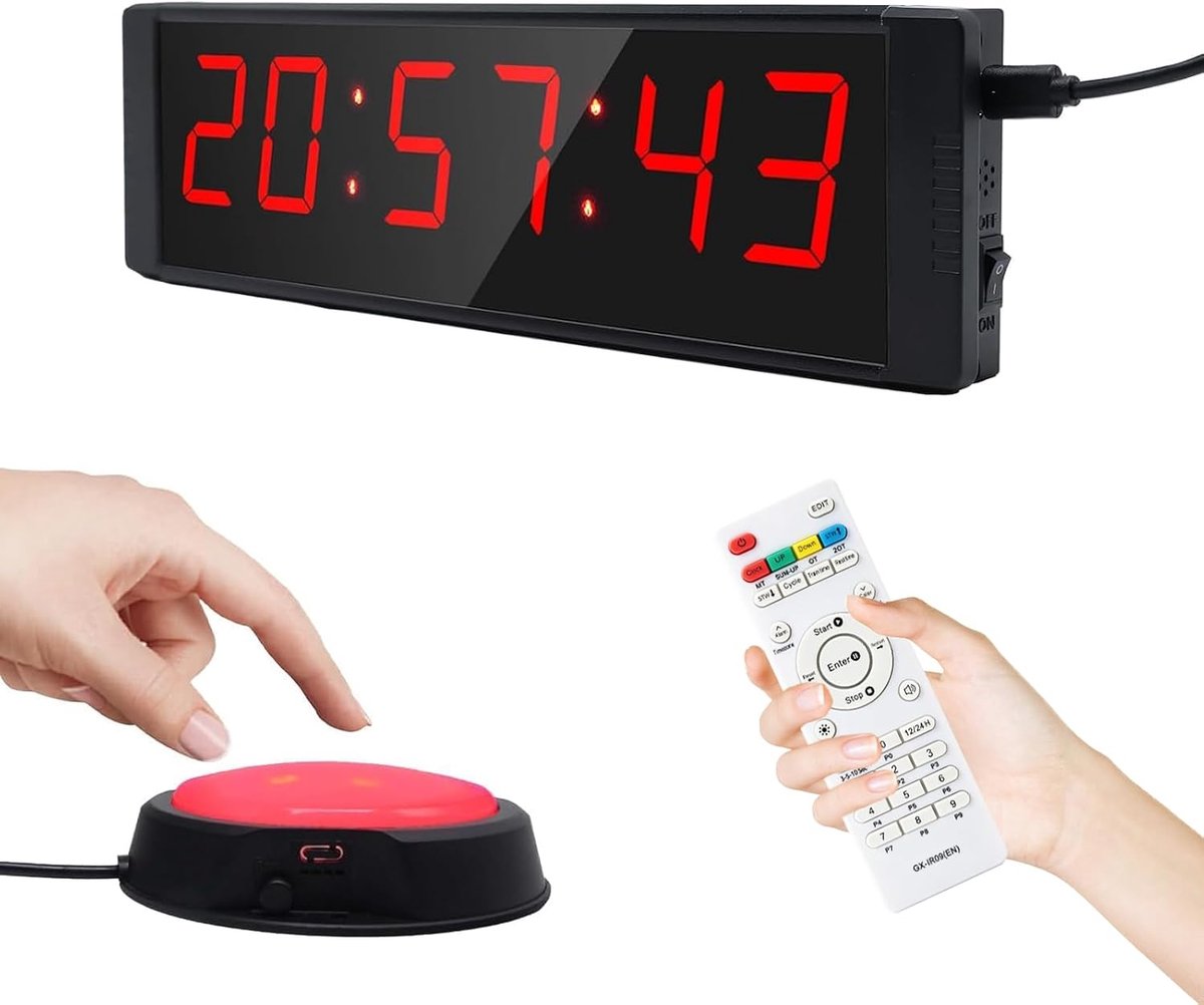 Gym Timer LED Interval Timer - Grote Digitale Display - Afstandsbediening & Start/Stop-Knop - Stopwatch, Countdown & Count-Up - 12/24 Uur - Zoemer - 26 cm - Voor Fitness, HIIT, Home Gym & Training