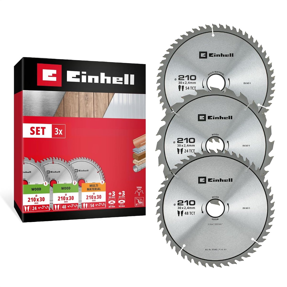 Einhell 3-delige cirkelzaagbladenset, hout, multimateriaal, Ø 210 x 30 mm