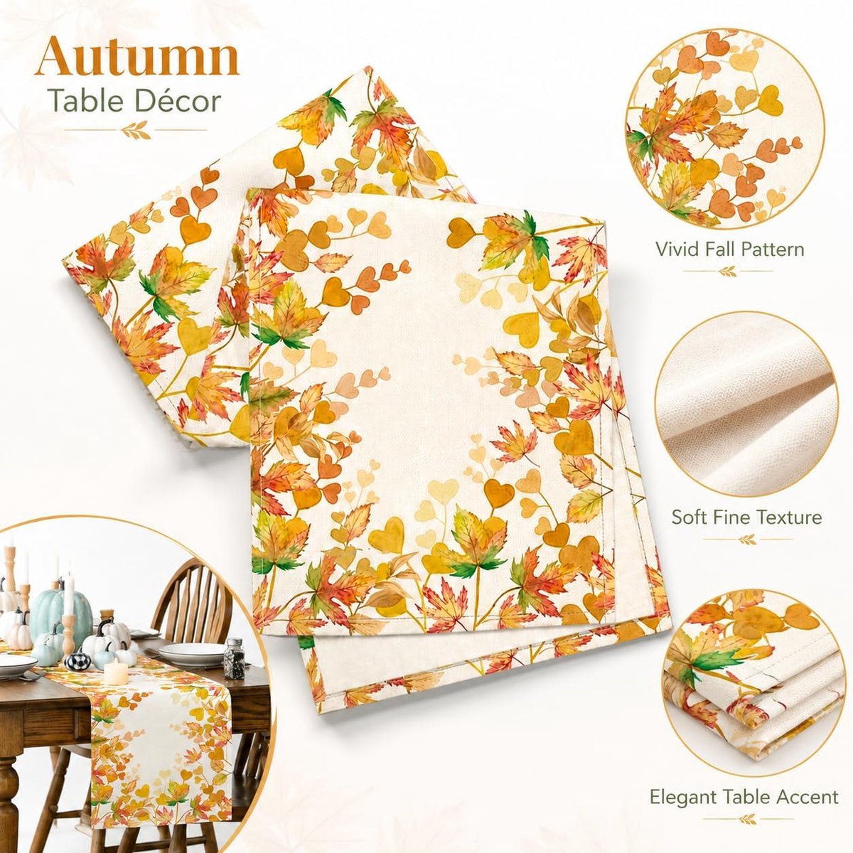Tafelloper linnen 33x183cm hartjes esdoornblad rand herfst bloemen zacht warm minimalistisch eettafel decoratie herfst - ShopVlot