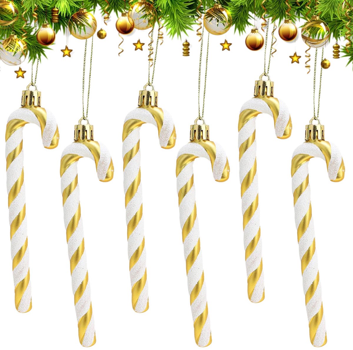Suikerstokjes ornament, 6 stuks, kerststok, kerstboomversiering voor boom, kerstboomhanger voor doe-het-zelf (goud) - ShopVlot