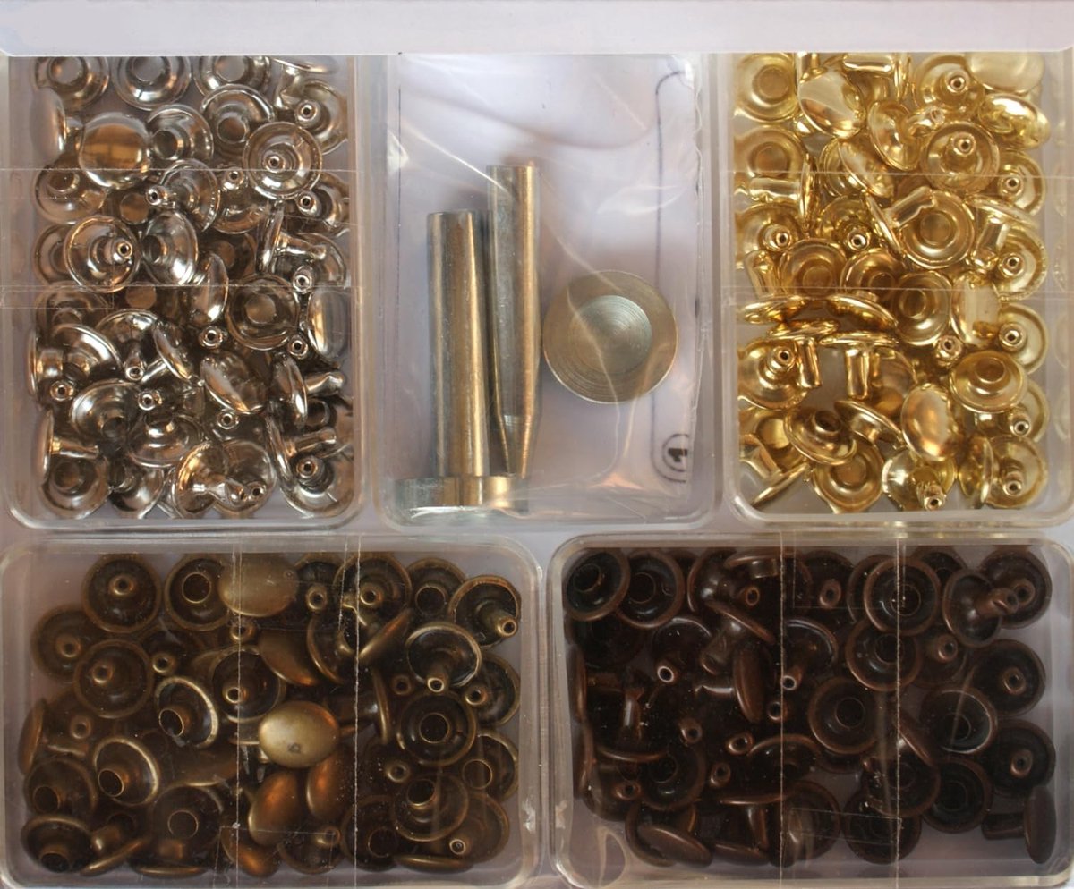 Holle klinknagels 9 mm - zilver, oud koper, oud messing - 72 stuks met gereedschap - ShopVlot