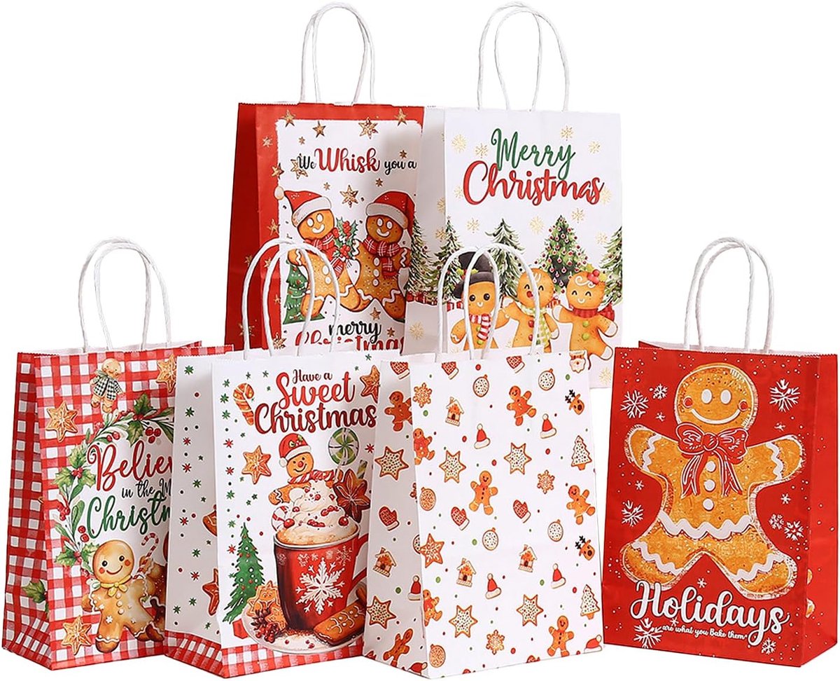 ZHERIKAH 12 stuks cadeauzakjes, kerstcadeauzakjes, kleine papieren zakken met handvat, kerstzakjes van papier - ShopVlot