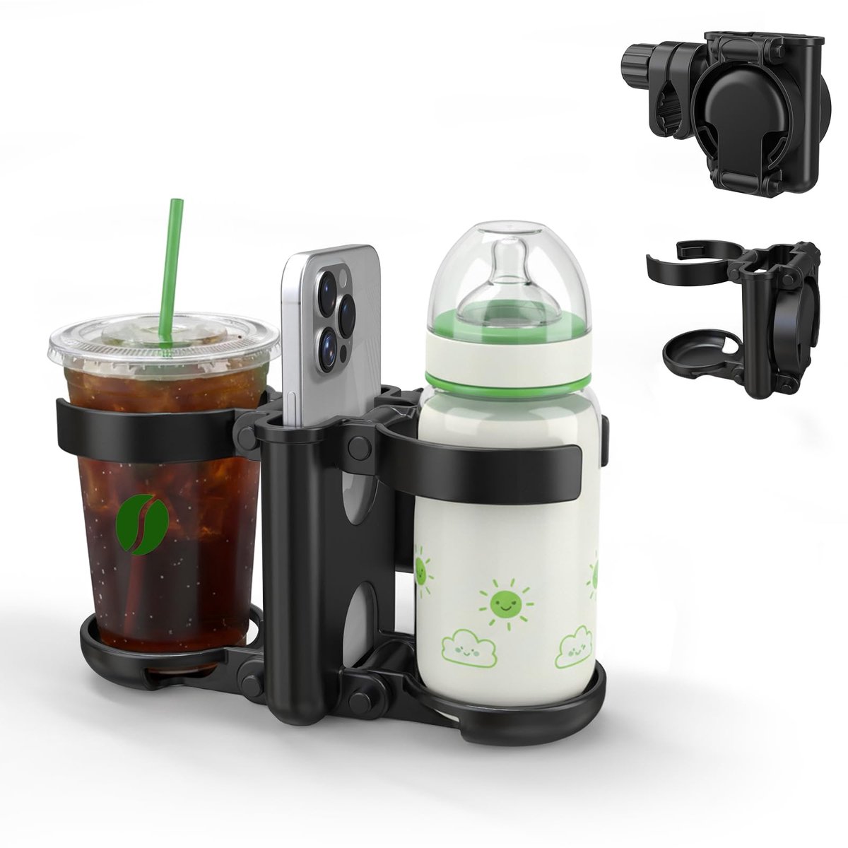 Namajunas - 3 IN 1 Universele Bekerhouder Kinderwagen - Met telefoonhouder - Bekerhouder Fiets - Bekerhouder Buggy - Bidonhouder Fiets - Cupholder Kinderwagen - Bekerhouder Rolstoel - Voor Kinderwagen, Buggy en Fiets