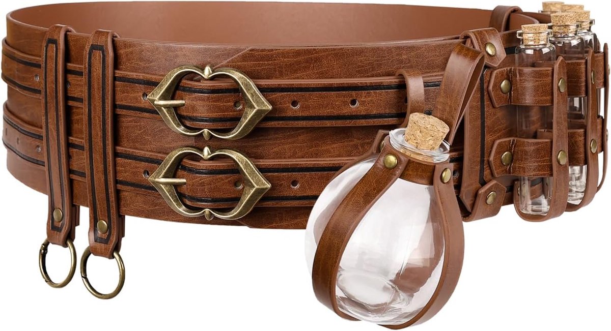 HiiFeuer 5 Piece Medieval Alchemy Wide Belt Set - Imitation Leather Belt with Chains, Skirt Holder & Drink Bottles for - ShopVlot
