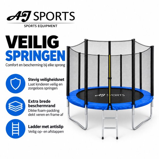 AJ-Sports trampoline met blauwe rand en tekst over veiligheid, bescherming en antislip ladder.