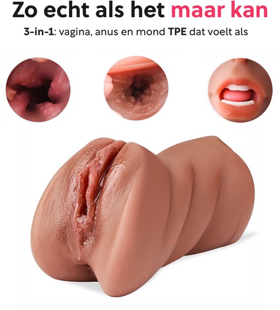3-in-1: vagina, anus en mond. Realistische TPE texturen die echt aanvoelen.