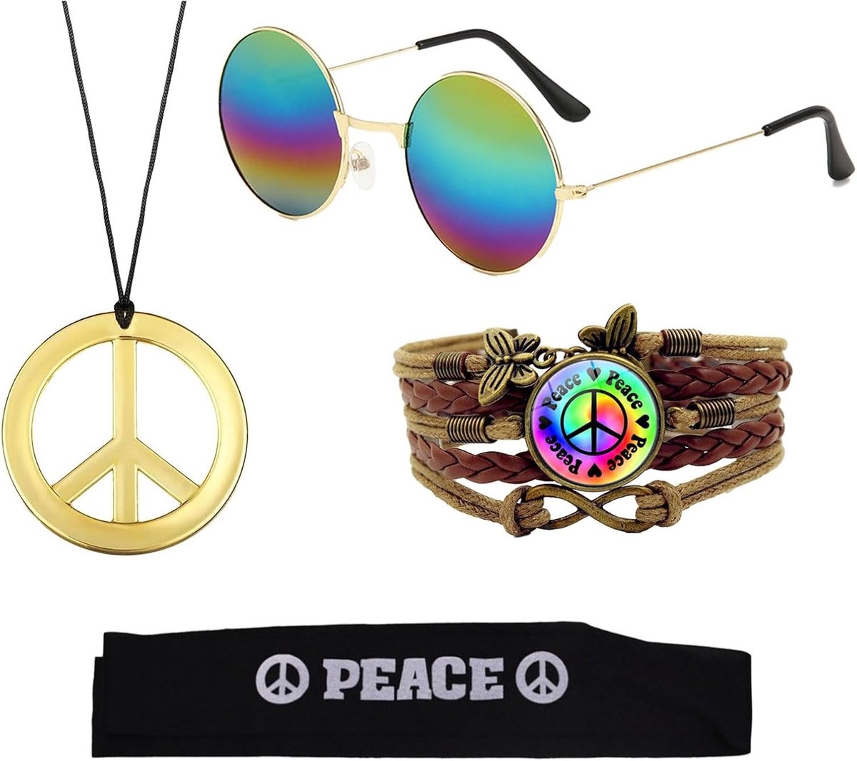 Hippie Kostuum Set met 4 Stukken: Vintage Zonnebril, Vredesteken Ketting en Armband voor Halloween en Feestjes