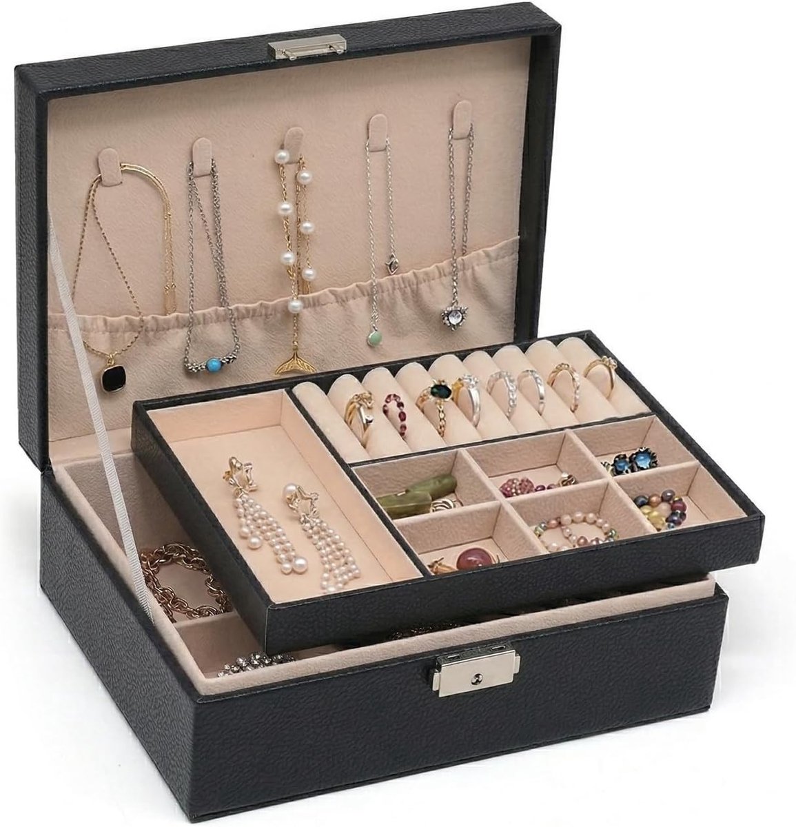 Pahajim Jewellery Box Women's Jewellery Organiser Jewellery Storage 2 Layers PU Leather Lockable Jewellery Case with - ShopVlot